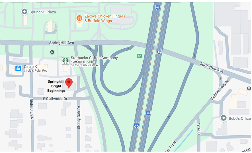 Map showing Springhill Bright Beginnings location near I-65 and Springhill Ave